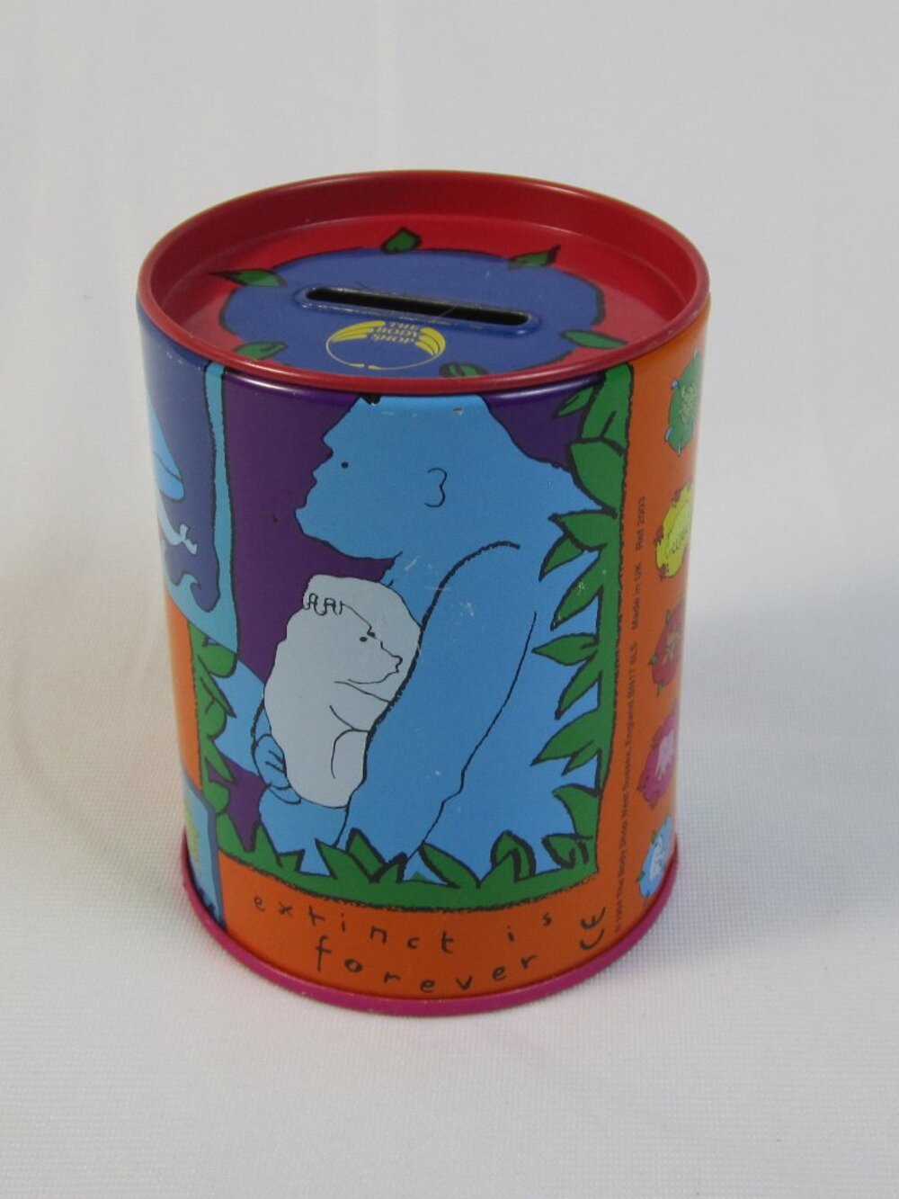 The Body Shop Extinct is Forever Tin Coin Bank 1994 - Made in UK